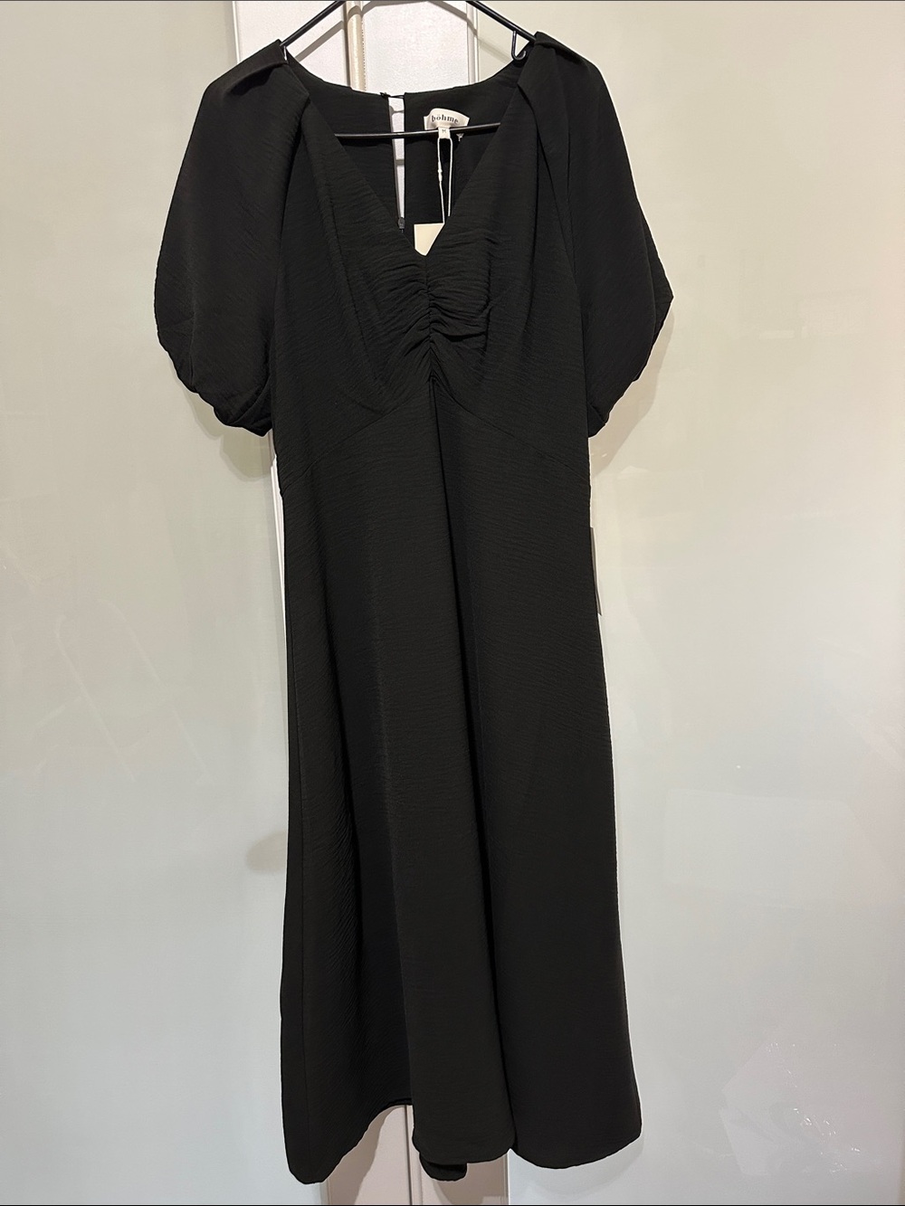 Bohme Elegant Black Midi Dress with Ruched V-Neck and Puff Sleeves
